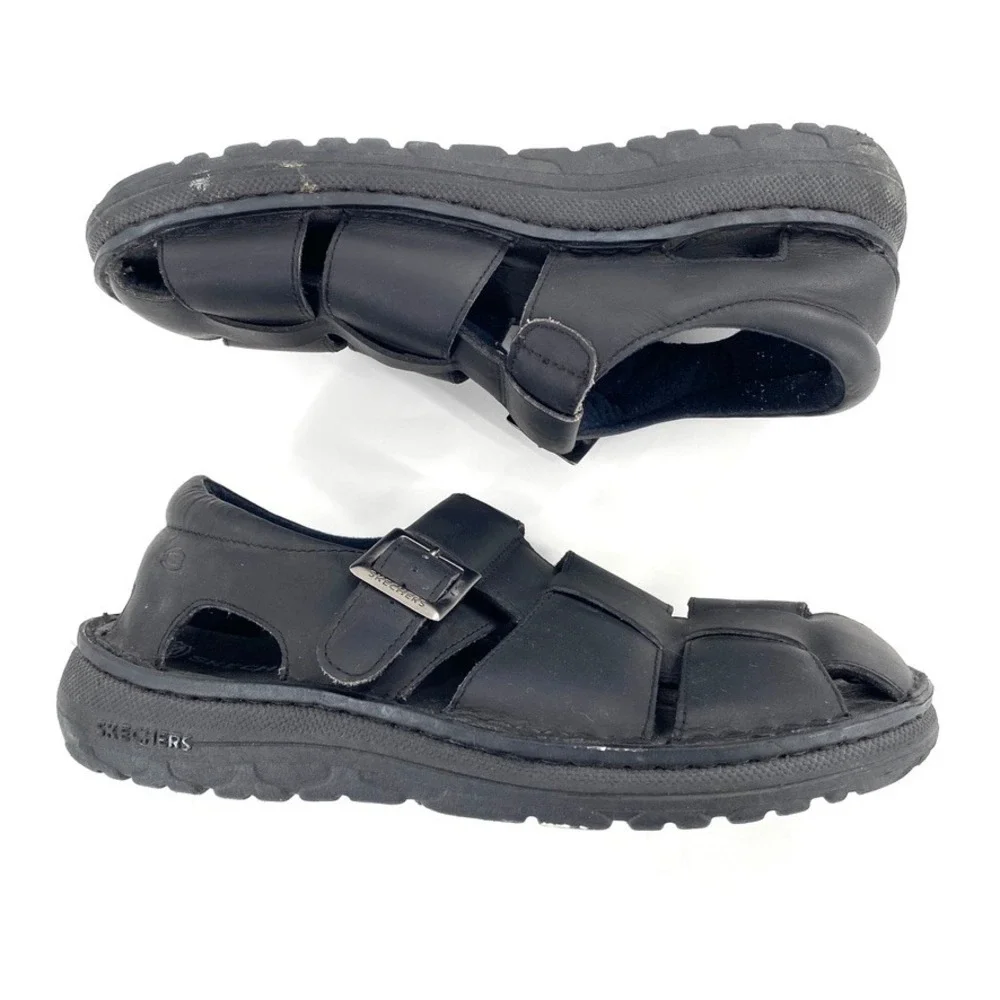 Skechers Mens Black Leather Fisherman Sandals Size 13 Buckle Adjustable‎ Comfort